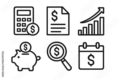 Financial icons including calculator, piggy bank, and growth chart financial planning icons