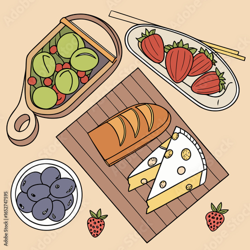 A delightful assortment of fresh strawberries olives cheese and bread arranged for a picnic or snack