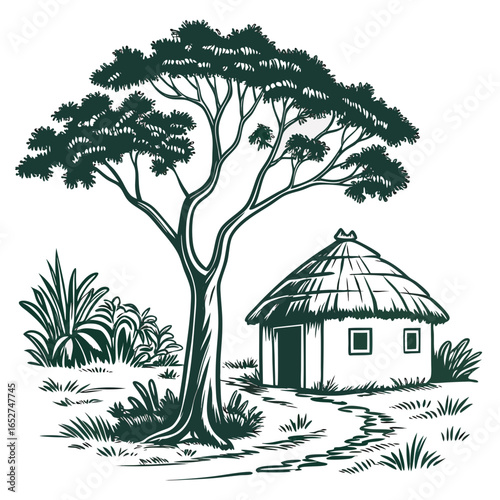 African savanna landscape with a traditional thatched hut under a large acacia tree