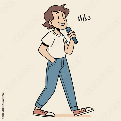 Cartoon character named mike walking confidently while holding a microphone and speaking