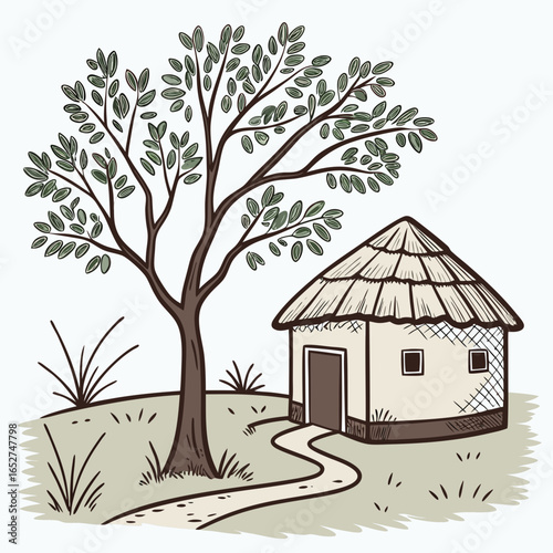 Charming illustration of a traditional thatched roof hut nestled beside a leafy tree on a grassy hill