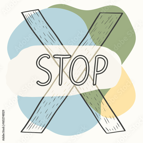 Hand drawn stop sign with abstract pastel shapes and a simple graphic design style