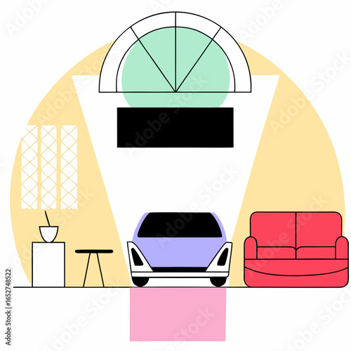 Modern minimalist living room scene with a purple electric car red sofa and abstract architectural elements