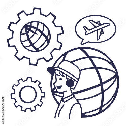 Person with globe and gears thinking about global travel and engineering solutions