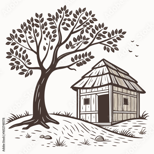 Rustic wooden hut with a thatched roof nestled under a large tree in a grassy field