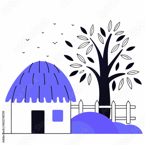 Simple minimalist illustration of a thatched roof hut with a tree and flying birds