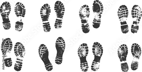 Set silhouettes of boot print isolated on transparent background. Vector graphics