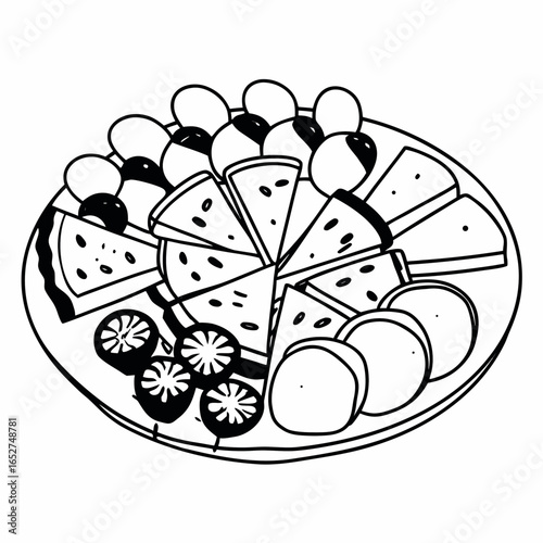 Stylized black and white illustration of a fruit platter with watermelon slices grapes and melon balls