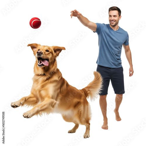 Man throws ball for excited dog jumping to catch it
