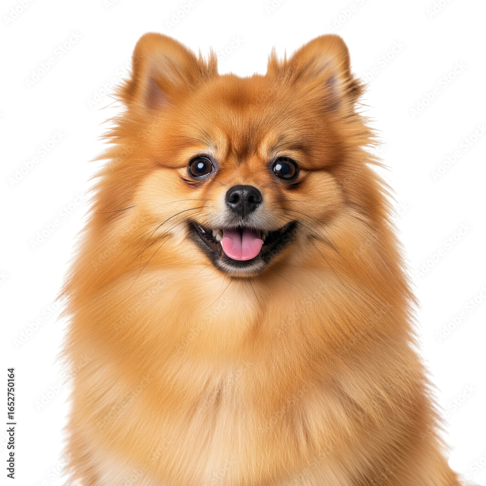 Obraz premium Happy pomeranian dog with fluffy orange fur on black background
