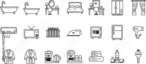Home and Hotel Amenities Icons Set – Bathtub, Bed, Wardrobe, TV, Refrigerator, Safe, Towels, Bathrobe, Hair Dryer, and Furniture Vector Illustration
