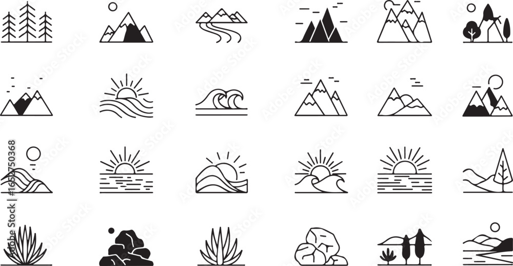 Fototapeta premium A versatile set of vector illustrations for travel and summer-themed designs, featuring icons of boats, sun, beach, and nature silhouettes
