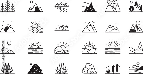 A versatile set of vector illustrations for travel and summer-themed designs, featuring icons of boats, sun, beach, and nature silhouettes