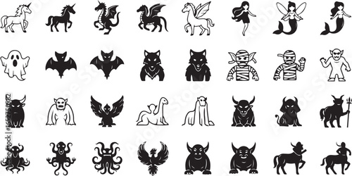 Mythical Creatures Icons Set – Unicorn, Dragon, Pegasus, Mermaid, Ghost, Vampire, Werewolf, Kraken, Medusa, Minotaur, and Fantasy Monsters Vector Illustration