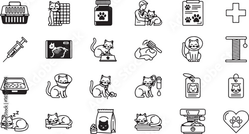 Vector art of collection of veterinary and pet care icons, including medical treatment, diagnosis, and animal welfare elements, isolated on white background