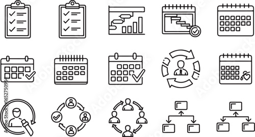 Vector art of collection of business and project management icons including calendar, checklist, timeline, workflow, and organizational structure, isolated on white background