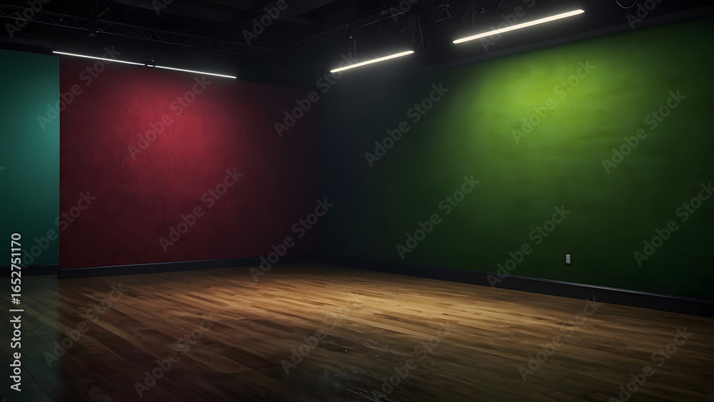 custom made wallpaper toronto digitalGreen wall, empty room with a dark green wall, wooden floor, four ceiling lights, the room is illuminated by the lights, elegant dark room at night featuring an empty wall and ample negative space.