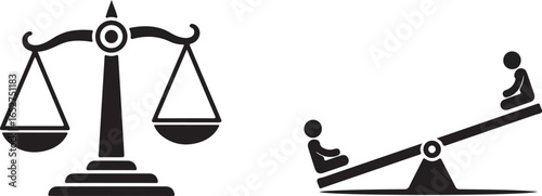 Vector art of symbolic representation of balance and imbalance, featuring a classic scale of justice and a seesaw with two figures, isolated on white background