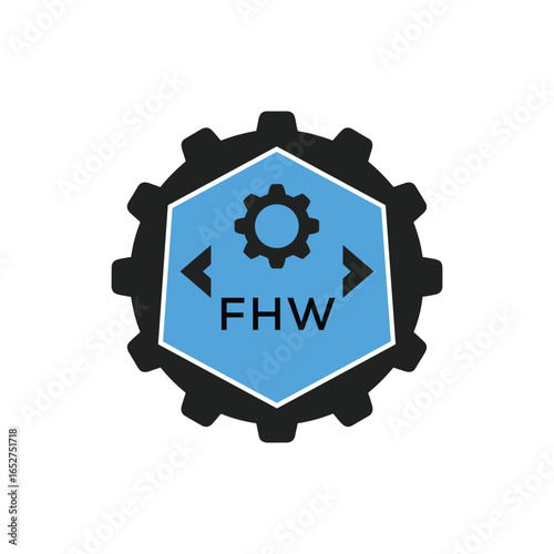 FHW Industrial Gear Logo Design – Engineering, Mechanical, and Construction Branding Icon. FHW Letter Logo.
