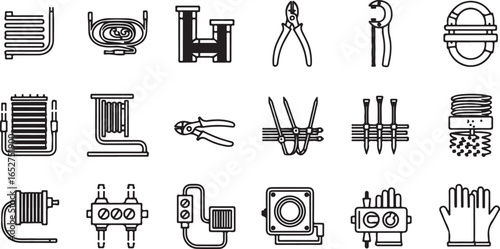 Vector art of collection of plumbing and construction tools and equipment, including pipes, wrenches, pliers, cutters, and safety gloves, isolated on white background