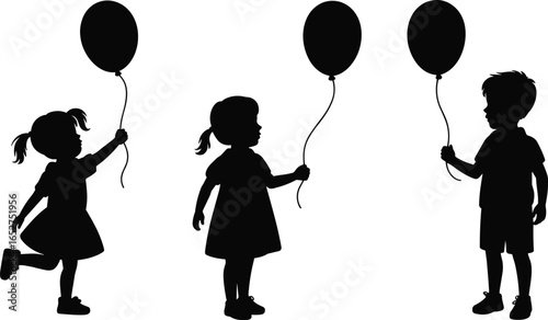 Silhouette of three children holding balloons, playful kids illustration, black and white vector, happy childhood moment, celebration, isolated design.