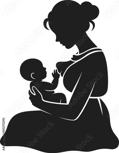 Silhouette of mother holding baby, emotional family moment, parental love, nurturing bond, motherhood care, black and white illustration, parenting concept.
