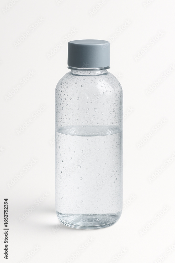 Clear reusable plastic water bottle with matte gray cap and condensation droplets, isolated on a clean white background with a soft studio shadow. Concept: hydration, eco, fitness.