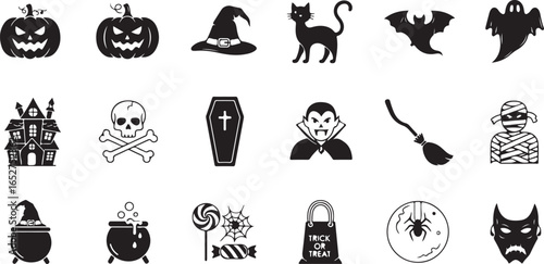 A collection of Halloween icons in a black and white style, featuring pumpkins, ghosts, bats, a haunted house, a vampire, and other spooky elements.