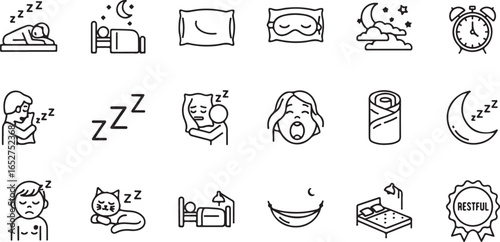Vector art of collection of sleeprelated icons, including sleeping figures, beds, pillows, alarm clocks, moons, stars, and yawning faces, isolated on a white background