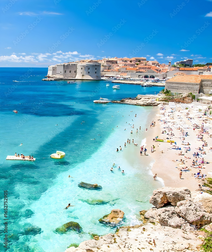 Obraz premium Crowded Beach by Historic City Walls