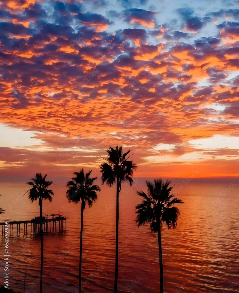 Fototapeta premium Vibrant Sunset Over Ocean with Palm Silhouettes