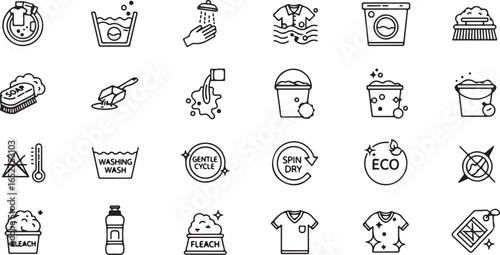 Vector art of collection of laundry care symbols and icons, including washing, drying, and cleaning instructions, isolated on a white background