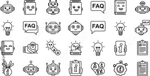Vector art of collection of handdrawn icons representing robots, ai, and technology concepts, including faqs, ideas, and support, isolated on a white background