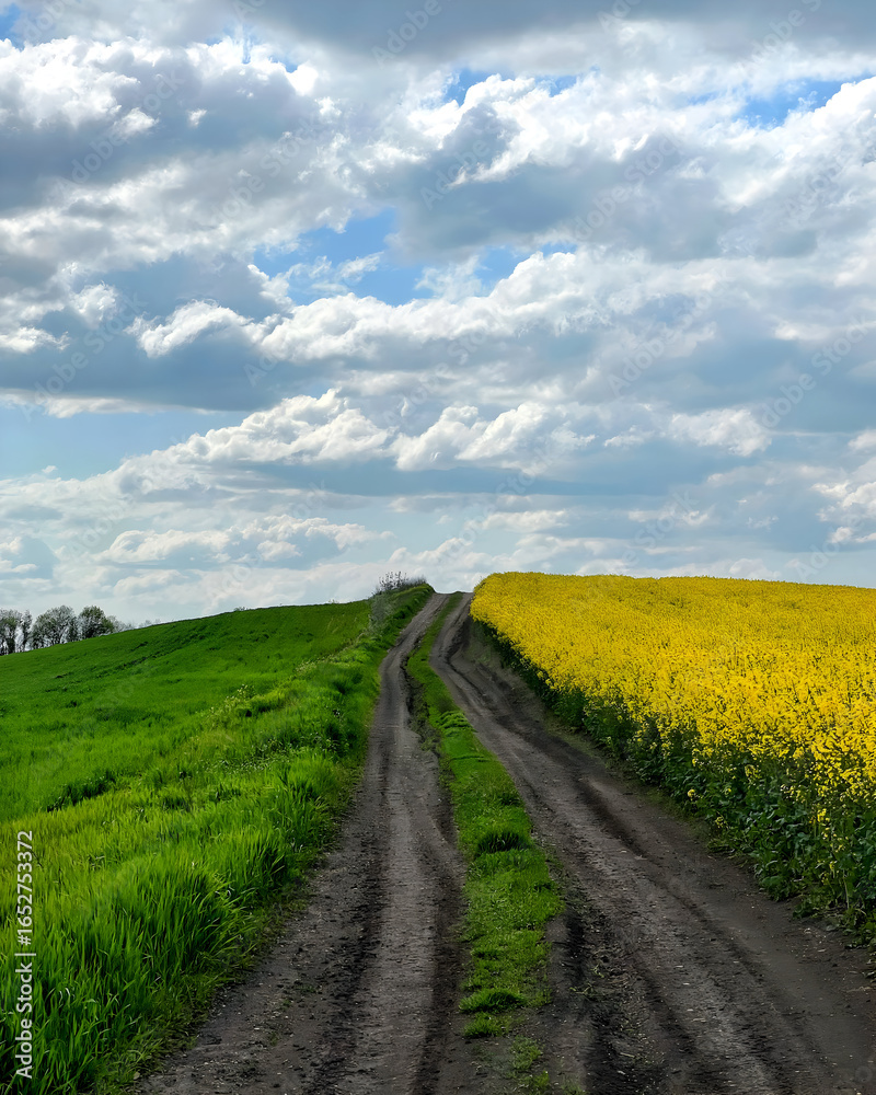 Obraz premium Dirt Road Between Green and Yellow Fields