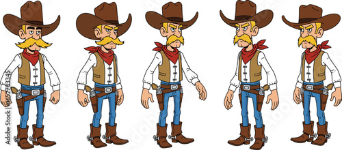 Cartoon cowboy character in western outfit, different angles, mustache, gun holster, boots, hat, bandana, sheriff pose, animation asset, vector illustration, wild west