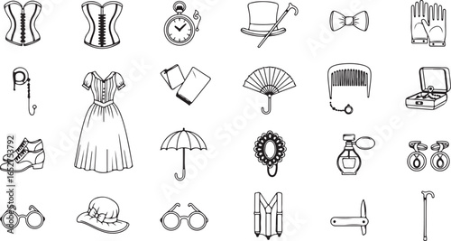 Vector art of collection of vintage fashion and accessories, including corsets, dresses, hats, umbrellas, and other historical clothing items, isolated on white background