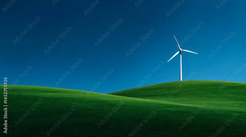 Fototapeta premium Single wind turbine stands tall against a smooth green landscape under clear blue sky