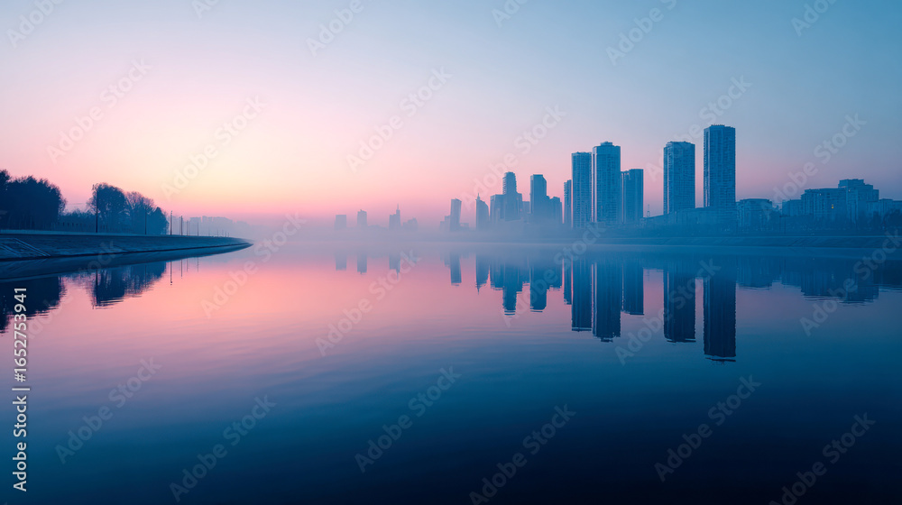 Fototapeta premium Serene river flows gently alongside a misty urban landscape at dawn
