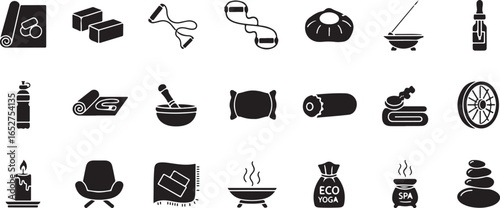 Vector art of collection of spa and wellness icons, including massage elements, aromatherapy, and relaxation tools, isolated on a white background