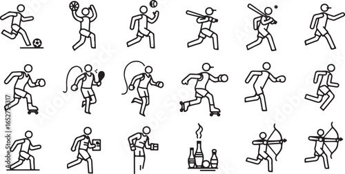 Vector art of collection of diverse sports icons representing various athletic activities and movements, isolated on a white background
