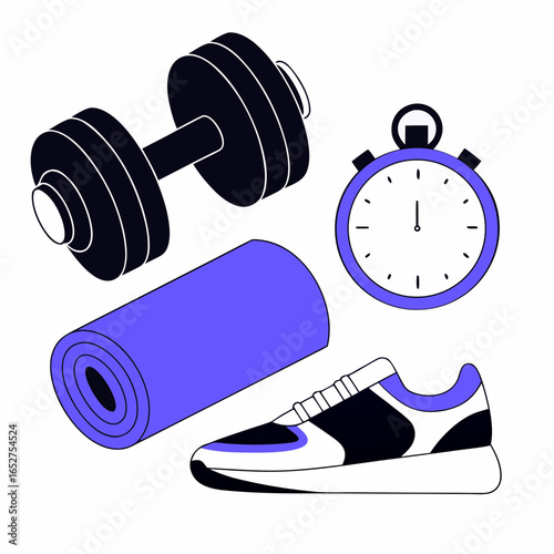Illustration of fitness equipment including dumbbell, yoga mat, shoe, and timer isolated on white background