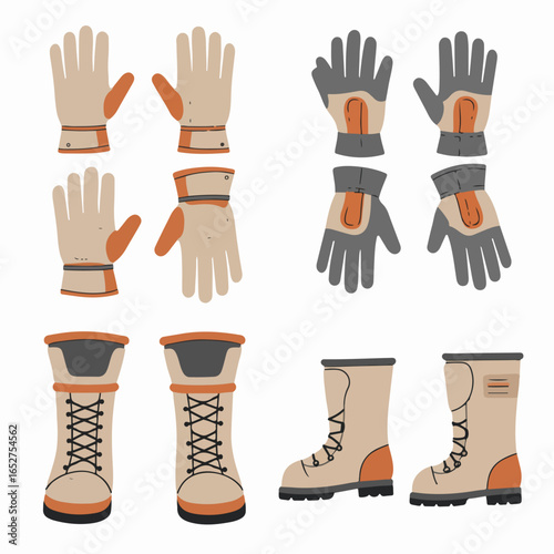 Workwear and Outdoor Gear: Illustrated Collection of Protective Gloves and Durable Boots