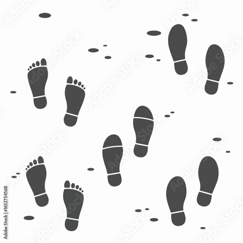 A collection of diverse footprints and shoe prints, including barefoot and shod marks, scattered on a white background, representing human presence and movement.