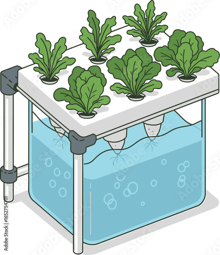 Illustration depicting a hydroponic system with growing leafy green plants.