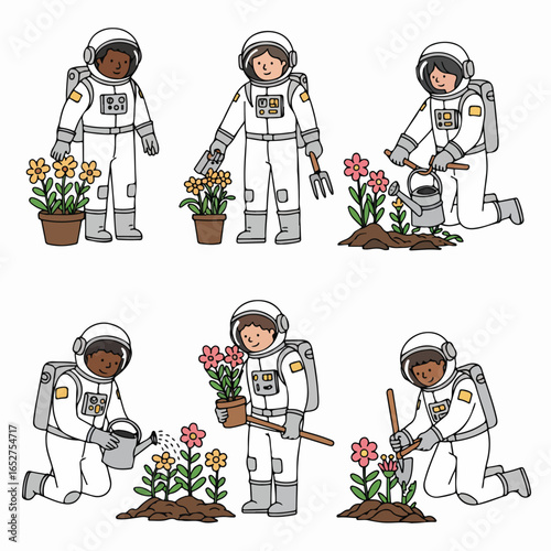 Space Gardening: Diverse Astronauts Cultivating Plants and Flowers, Symbolizing Future Exploration and Sustainable Living Beyond Earth