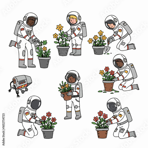 Diverse Astronauts Cultivating Flowers in Space: A Vision of Future Agriculture and Sustainable Life Beyond Earth