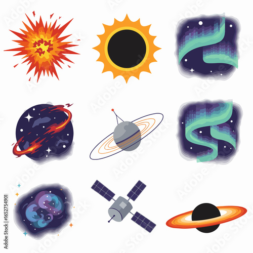 A collection of colorful flat design space icons, including a sun, explosion, aurora, planets, nebula, satellite, and black hole.