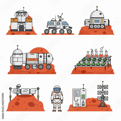 Mars Exploration and Colonization Set: Futuristic Habitats, Rovers, Astronauts, and Scientific Research Equipment on the Red Planet Surface.