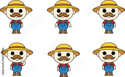 Cartoon farmer character, cute farmer illustration, mustache man, yellow hat, blue overalls, agriculture worker, farming clipart, rural lifestyle, smiling farmer, vector art, isolated white background