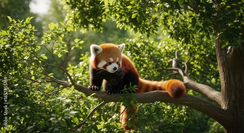 Red panda perched high in lush forest canopy